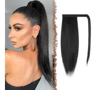 FESHFEN Coleta Postiza Lisa Pelo, Largo Liso Ponytail Extension Envolver alrededor Cola de Caballo Extensiones Negro Natural Sintéticas Clip Postizos para Mujeres, 40 cm