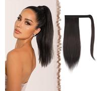 FESHFEN Coleta Postiza Lisa Pelo, Largo Liso Ponytail Extension Envolver alrededor Cola de Caballo Extensiones Marrón más Oscuro Sintéticas Clip Postizos para Mujeres, 35 cm