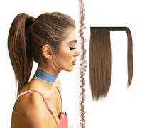 FESHFEN Coleta Postiza Lisa Pelo, Largo Liso Ponytail Extension Envolver alrededor Cola de Caballo Extensiones Mezcla Marrón Auburn Sintéticas Clip Postizos para Mujeres, 35 cm