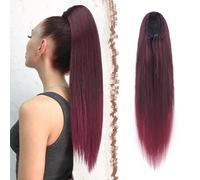 FESHFEN Coleta Postiza Pelo Liso, 50 cm Cola de Caballo Extension Cordón Larga Lisa Extensión Pelo Coleta Sintética Ponytail Drawstring Extensiones Postizos para Mujeres, Consejos Negro y Borgoña