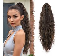 FESHFEN Coleta Postiza Pelo Natural con Pinza Cola Postiza Largo Ondulado Rizado Castaño Negro y Castaño Claro Sintética Extensiones Coleta Postizos para Mujeres, 65 cm