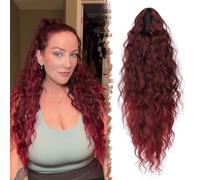 FESHFEN Coleta Postiza Pelo Natural con Pinza Cola Postiza Largo Ondulado Rizado Negro Ombre Rojo Sintética Extensiones Coleta Postizos para Mujeres, 65 cm