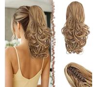 FESHFEN Extensión de cola de caballo con Pinza, 35 cm Castaño Claro & Rubio Mixta Rizado Ondulado Sintético Clip in Ponytail Extensiones Coleta Postizos para Mujeres