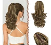 FESHFEN Extensión de cola de caballo con Pinza, 35 cm Castaño Claro & Rubio Rizado Ondulado Sintético Clip in Ponytail Extensiones Coleta Postizos para Mujeres