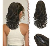 FESHFEN Extensión de cola de caballo con Pinza, 35 cm De Marrón con Reflejos Rizado Ondulado Sintético Clip in Ponytail Extensiones Coleta Postizos para Mujeres
