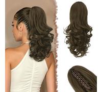 FESHFEN Extensión de cola de caballo con Pinza, 35 cm Marrón Castaño Rizado Ondulado Sintético Clip in Ponytail Extensiones Coleta Postizos para Mujeres
