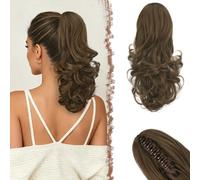 FESHFEN Extensión de cola de caballo con Pinza, 35 cm Marrón Dorado Rizado Ondulado Sintético Clip in Ponytail Extensiones Coleta Postizos para Mujeres