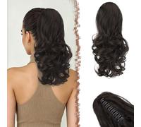 FESHFEN Extensión de cola de caballo con Pinza, 35 cm Marrón Negro Rizado Ondulado Sintético Clip in Ponytail Extensiones Coleta Postizos para Mujeres