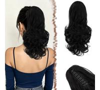 FESHFEN Extensión de cola de caballo con Pinza, 35 cm Negro Natural Rizado Ondulado Sintético Clip in Ponytail Extensiones Coleta Postizos para Mujeres