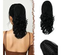 FESHFEN Extensión de cola de caballo con Pinza, 35 cm Negro Rizado Ondulado Sintético Clip in Ponytail Extensiones Coleta Postizos para Mujeres