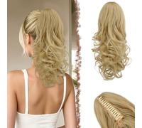 FESHFEN Extensión de cola de caballo con Pinza, 35 cm Rubio Champagne Rizado Ondulado Sintético Clip in Ponytail Extensiones Coleta Postizos para Mujeres