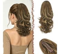 FESHFEN Extensión de cola de caballo con Pinza, 35 cm Rubio Miel Mixto Marrón Claro Rizado Ondulado Sintético Clip in Ponytail Extensiones Coleta Postizos para Mujeres
