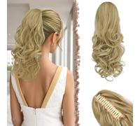FESHFEN Extensión de cola de caballo con Pinza, 35 cm Rubio Mixto Rizado Ondulado Sintético Clip in Ponytail Extensiones Coleta Postizos para Mujeres