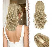 FESHFEN Extensión de cola de caballo con Pinza, 35 cm Rubio Sucio Rizado Ondulado Sintético Clip in Ponytail Extensiones Coleta Postizos para Mujeres
