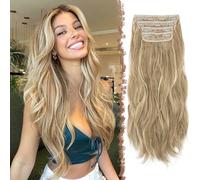 FESHFEN Extensiones de Cabello para Mujer - 4 Piezas 50 cm Largo Ondulado Rizado Natural Sintética Extensiones de Clip de Pelo, Rubio Sucio