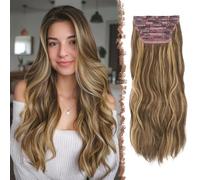 FESHFEN Extensiones de Cabello para Mujer - 4 Piezas 50 cm Largo Ondulado Rizado Natural Sintética Extensiones de Clip de Pelo, Rubio Dorado & Rubio