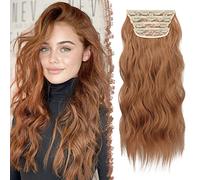 FESHFEN Extensiones de Clip de Pelo, 4 PCS Cabello Extensiones con Clips Extensiones de Cabello Postizo Sintético Ondulado Rizado Extensión de Cabello para Mujer 50 cm Marrón Auburn