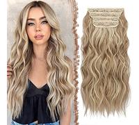 FESHFEN Extensiones de Clip de Pelo, 4 PCS Cabello Extensiones con Clips Extensiones de Cabello Postizo Sintético Ondulado Rizado Extensión de Cabello para Mujer 50 cm Rubio Oscuro Rubio Blanqueado