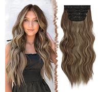 FESHFEN Extensiones de Clip de Pelo, 4 PCS Cabello Extensiones con Clips Extensiones de Cabello Postizo Sintético Ondulado Rizado Extensión de Cabello para Mujer 50 cm Marrón y Rubio Cenizo
