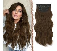 FESHFEN Extensiones de Clip de Pelo, 4 Piezas 11 Clips Cabello Extensiones con Clips en Extensiones de Cabello Postizo Sintético Ondulado Rizado Extensión de Cabello para Mujer Marrón Moss 50 cm