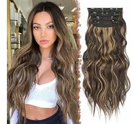 FESHFEN Extensiones de Clip de Pelo, 4 Piezas 11 Clips Cabello Extensiones con Clips en Extensiones de Cabello Postizo Sintético Ondulado 50cm Extensión de Cabello Rubio Caramelo con Marrón Chocolate