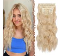 FESHFEN Extensiones de Clip de Pelo, 4 Piezas 11 Clips Cabello Extensiones con Clips en Extensiones de Cabello Postizo Sintético Ondulado 50 cm Extensión de Cabello Rubio