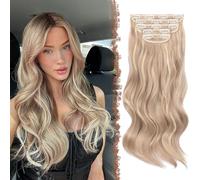 FESHFEN Extensiones de Clip Onduladas, 5 PCs Extensión de Pelo con Clips Largo Rubio Balayage Natural Sintético Postizo de Cabello para Mujer, 50 cm Rubio Ceniza Oscuro Rubio Blanquecino Mixto