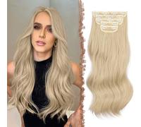 FESHFEN Extensiones de Clip Onduladas Rubio, 5 PCs Extensión de Pelo con Clips Largo Ondulado Natural Sintético Extensiones de Cabello Postizo para Mujer, 50 cm Rubio Ceniza