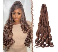 FESHFEN French Curl Braiding Hair - 60 cm Loose Wave Curly Braids Extension de Cabello Castaño Oscuro Trenzas Africanas Postizas Sintético Crochet Extensiones para Mujeres, 3 Piezas