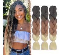 FESHFEN Kanekalon Extensiones para Trenzas 3 Piezas Extensión de Pelo Trenzado Africanas Sintético Jumbo Braiding Extensiones de Cabello Trenzado para Ganchillo, Negro/Marrón/Rubio Claro