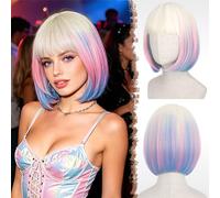FESHFEN Mezcla Arcoíris Corta Bob Pelucas con Flequillo, 30 cm Vistoso Bob Corto de Neón Sintética Peluca para Mujer Festivo Fiesta Disfraz Diario Cosplay Wear Carnaval