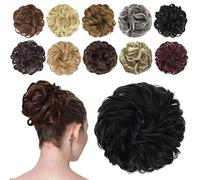 FESHFEN Moños Postizos Coleteros Pelo Mujer Postizos de Pelo Natural Rizado Ondulado Postizos Moño y Coletas Sintético Extensiones de Cabello, 42 g Negro Azabache
