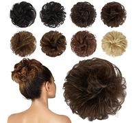 FESHFEN Moños Postizos de Pelo Natural, Coletero Moño Postizo Humano Rizado Ondulado Desordenado Coletas Postizas Marrón Castaño medio Extensiones de Cabello para Mujer