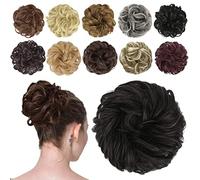 FESHFEN Moños Postizos de Pelo Natural, Coletero Postizo Sintético Postizos de Pelo Rizado Ondulado Extensiones de Cabello Moño de Pelo Desordenado Postizos para Mujer, Marrón Negro