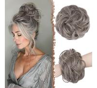 FESHFEN Moños Postizos, Natural Rizado Ondulado Postizo Moño Sintético Extensiones de Cabello Pelo Desordenado Coleta Postiza para Mujer 55g, Sal y Pimienta