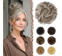 FESHFEN Moños Postizos Pelo Natural - 100% Cabello Humano Ondulado Moño Postizo Despeinado Coletero Extensiones para Mujer, Rubio Castaño Ceniza