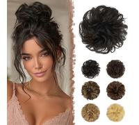 FESHFEN Moños Postizos Pelo Natural - 100% Cabello Humano Ondulado Moño Postizo Despeinado Coletero Extensiones para Mujer, Castaño Oscuro