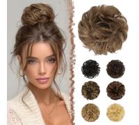 FESHFEN Moños Postizos Pelo Natural - 100% Cabello Humano Ondulado Moño Postizo Despeinado Coletero Extensiones para Mujer, Castaño Ceniza