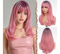 FESHFEN Pelucas Larga con Flequillo, Sintética de Cabello Natural Peluca de Pelo Carnaval de Cosplay de Fiesta Diario para Mujeres, 45 cm Ombré Rosa