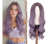 FESHFEN Pelucas Largas Onduladas Púrpura Degradado Pelo Largo Pelucas Despedida Separación Media Peluca Sintética para Mujeres Pelucas de Cabello Fiesta Halloween 60cm
