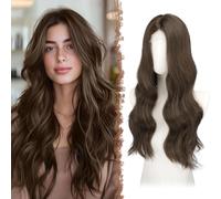 FESHFEN Pelucas Onduladas Largas - Peluca Lace Front Castaño Medio Pelucas Largo pelo Natural Sintético Wigs para Mujeres Fiesta Carnaval, 60 cm