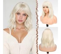 FESHFEN Pelucas Ondulado con Flequillo para Mujer, Rubio Platino Peluca Bob Rizado Corta Sintética Pelucas de Cabello Parte Media Longitud del Hombro de Fiesta, 35 cm