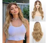 FESHFEN Pelucas Rubias Onduladas Largas para Mujeres, Rizado Frente de Encaje con Raya en Medio Peluca con Lace Front Sintética de Pelo Ombre Marrón a Rubio Balayage para Fiesta Diaria, 65 cm