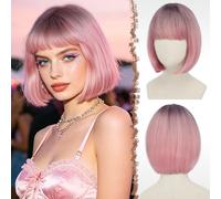 FESHFEN Rosa Degradado Corta Bob Pelucas con Flequillo, 30 cm Vistoso Bob Corto de Neón Sintética Peluca para Mujer Festivo Fiesta Disfraz Diario Cosplay Wear Carnaval