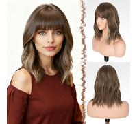 FESHFEN Rubio Mixto Marrón Pelucas Ondulado con Flequillo para Mujer, 35 cm Peluca Bob Rizado Corta Sintética Pelucas de Cabello Parte Media Longitud del Hombro de Fiesta