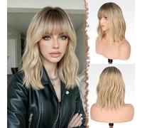 FESHFEN Rubio Ombre Pelucas Ondulado con Flequillo para Mujer, 35 cm Peluca Bob Rizado Corta Sintética Pelucas de Cabello Parte Media Longitud del Hombro de Fiesta