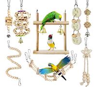 Fesjoy Juguetes para Masticar Loros Hechos a Mano, Campana de Madera Natural, Juego de Escaleras Oscilantes para Escalar, Jugar, Descansar, 8 Piezas