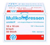 FESMED ES-Mullkompressen 10 x 10 cm 8fach unsteril mit eingeschlagenen Schnittkanten, 50 pzas Compresas