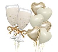 Fesnova Globos de boda, 8 globos de papel de aluminio con forma de corazón | 8 globos de aluminio: 2 copas de champán de aprox. 42 x 97 cm, 3 globos beige y 3 corazones dorados de 45 cm