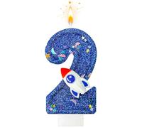 Fesnova Velas de cumpleaños espaciales con números 2, color azul oscuro con números brillantes, vela de cumpleaños 2 con pie, 7,5 x 4 cm, para decoración de cumpleaños infantiles, baby shower, cohete